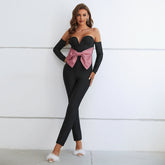 Off Shoulder Long Sleeve Bowknot Bandage Jumpsuit